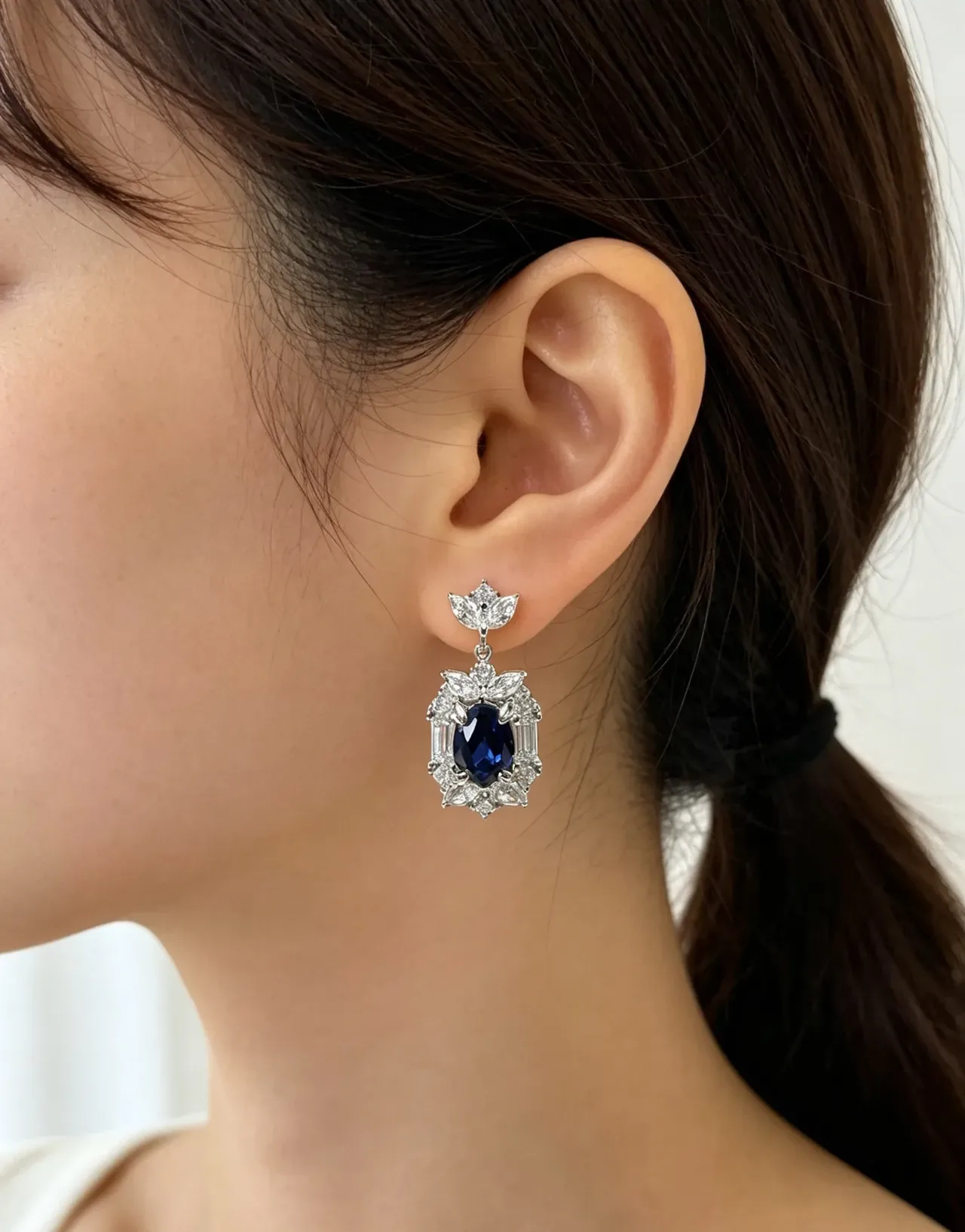 Ornate Floral Motif Oval Blue Gemstone and Clear Stone Dangling Earrings 3
