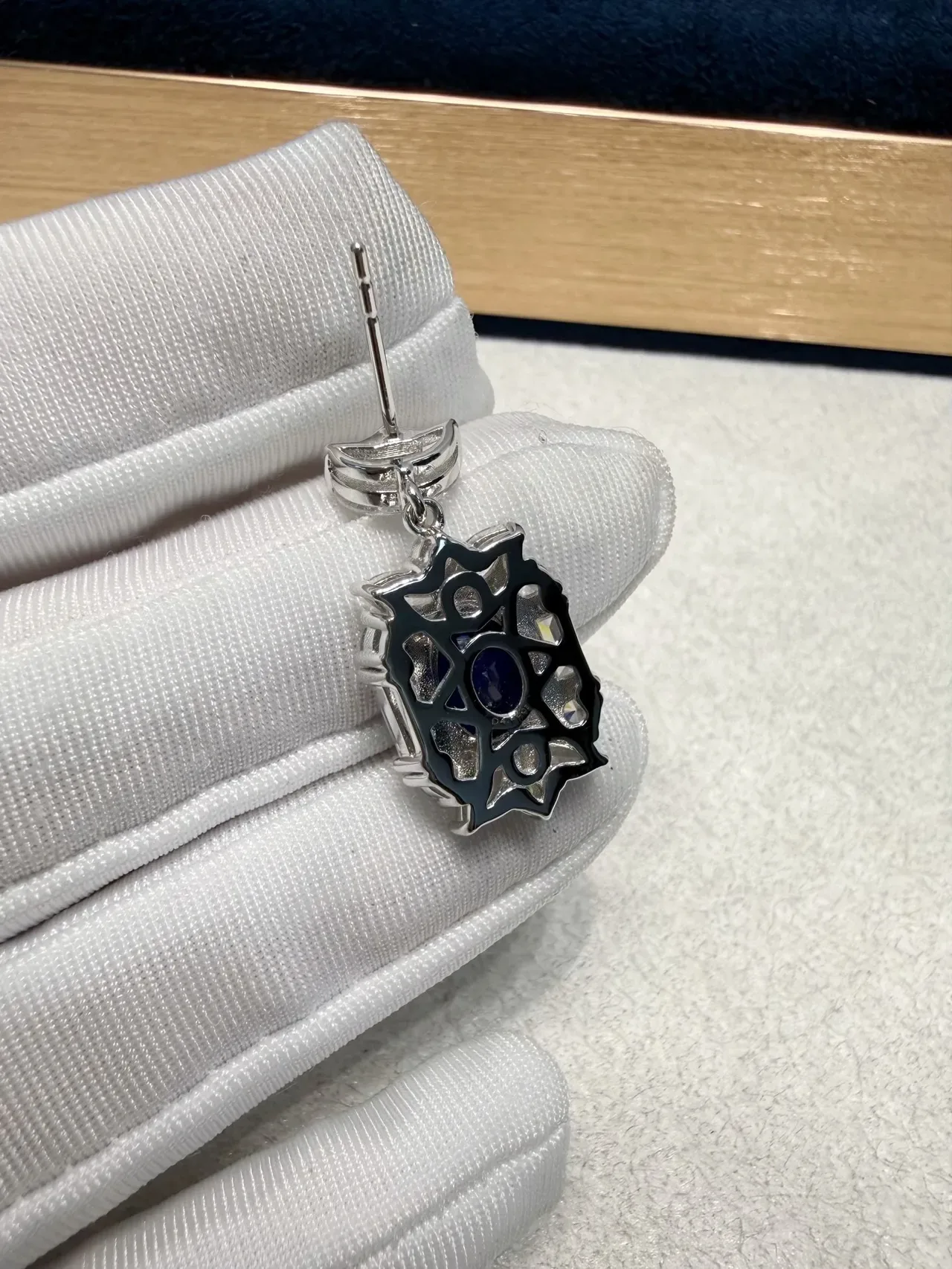 Ornate Floral Motif Oval Blue Gemstone and Clear Stone Dangling Earrings 5