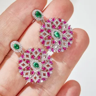 Ornate Green and Pink Gemstone Filigree Drop Earrings