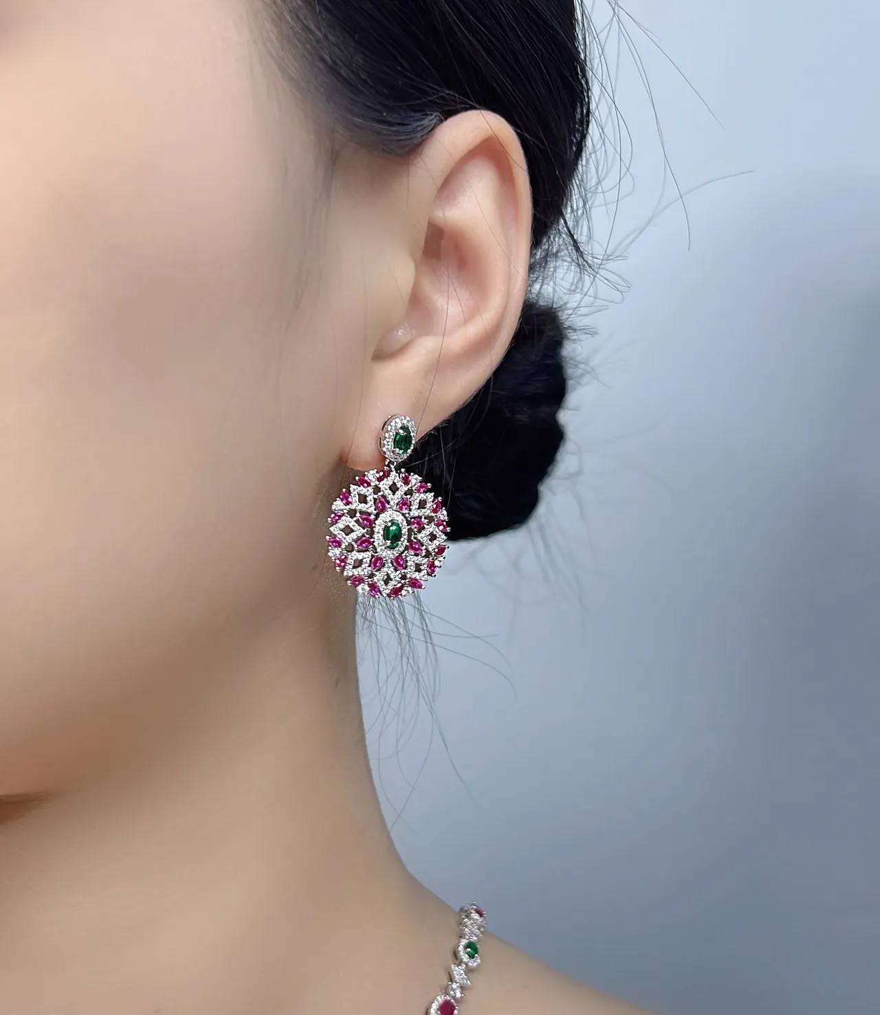 Ornate Green and Pink Gemstone Filigree Drop Earrings 2