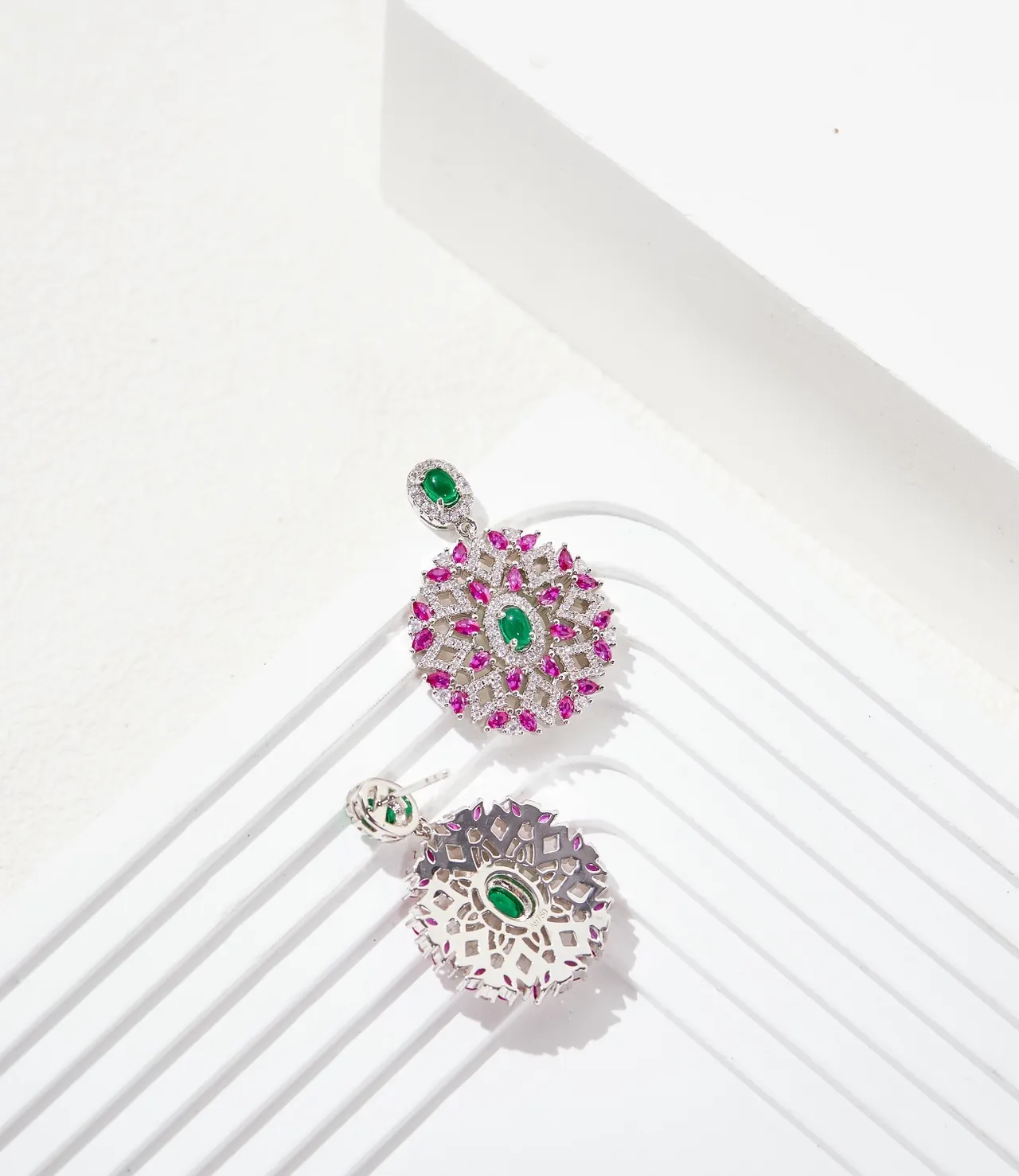 Ornate Green and Pink Gemstone Filigree Drop Earrings 4