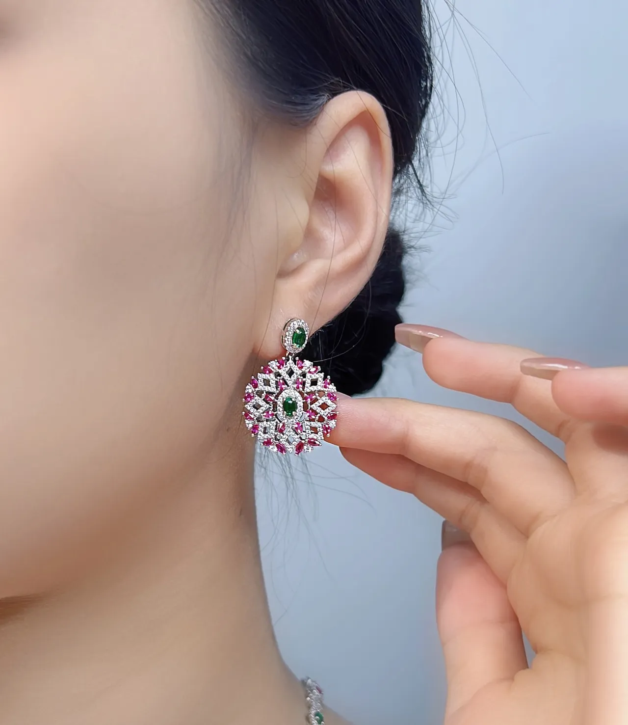 Ornate Green and Pink Gemstone Filigree Drop Earrings 6