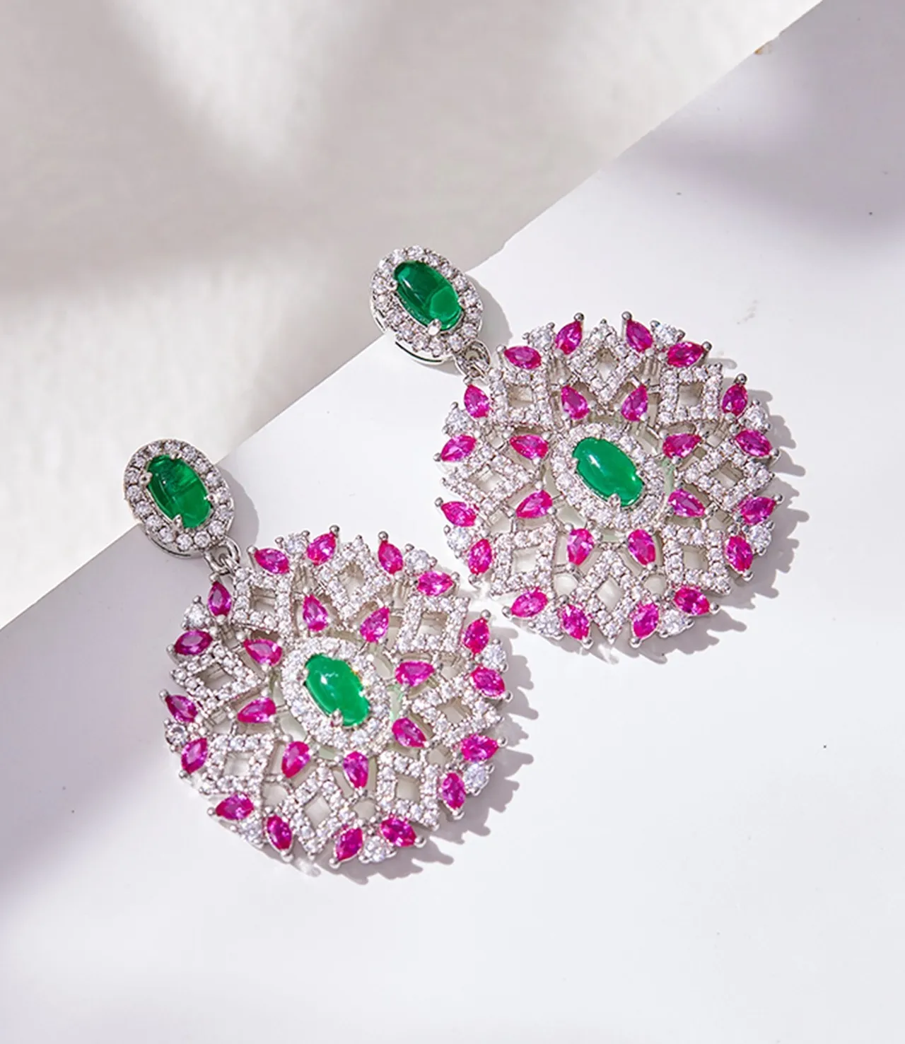 Ornate Green and Pink Gemstone Filigree Drop Earrings 8
