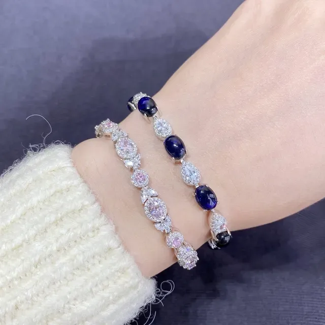 Oval and Pear-Shaped Blue and Clear Gemstone Link Bracelet 9