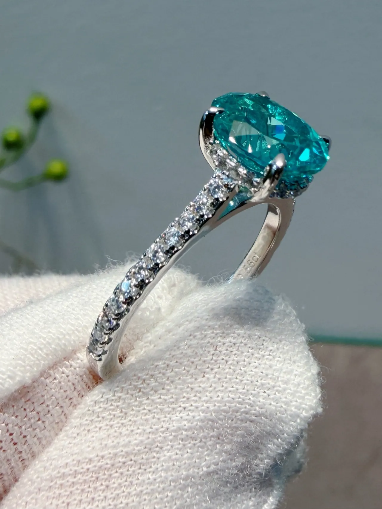 Oval Teal Gemstone Pavé Diamond Ring 9