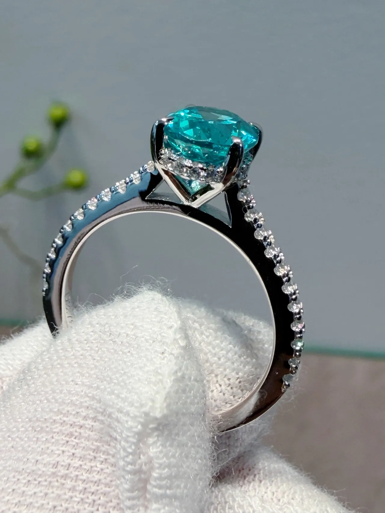 Oval Teal Gemstone Pavé Diamond Ring 5
