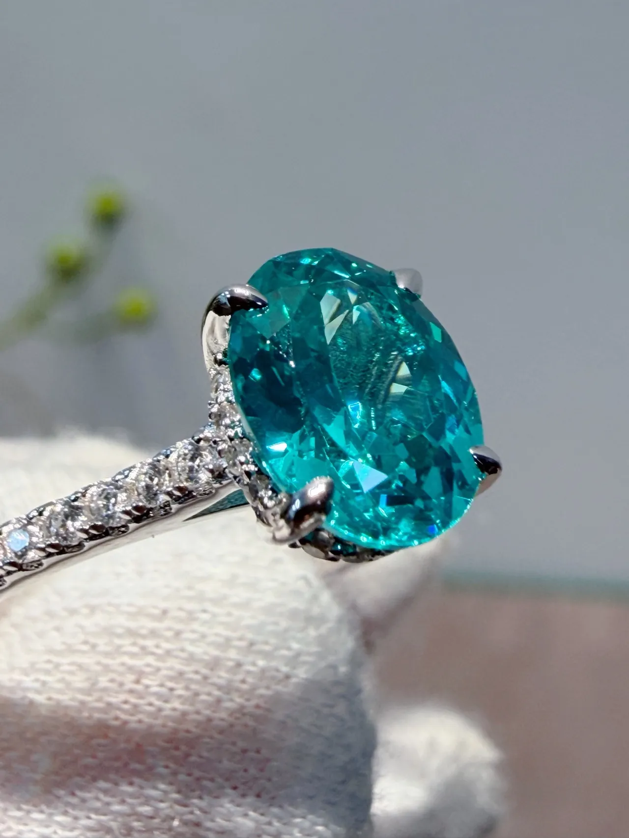 Oval Teal Gemstone Pavé Diamond Ring 6