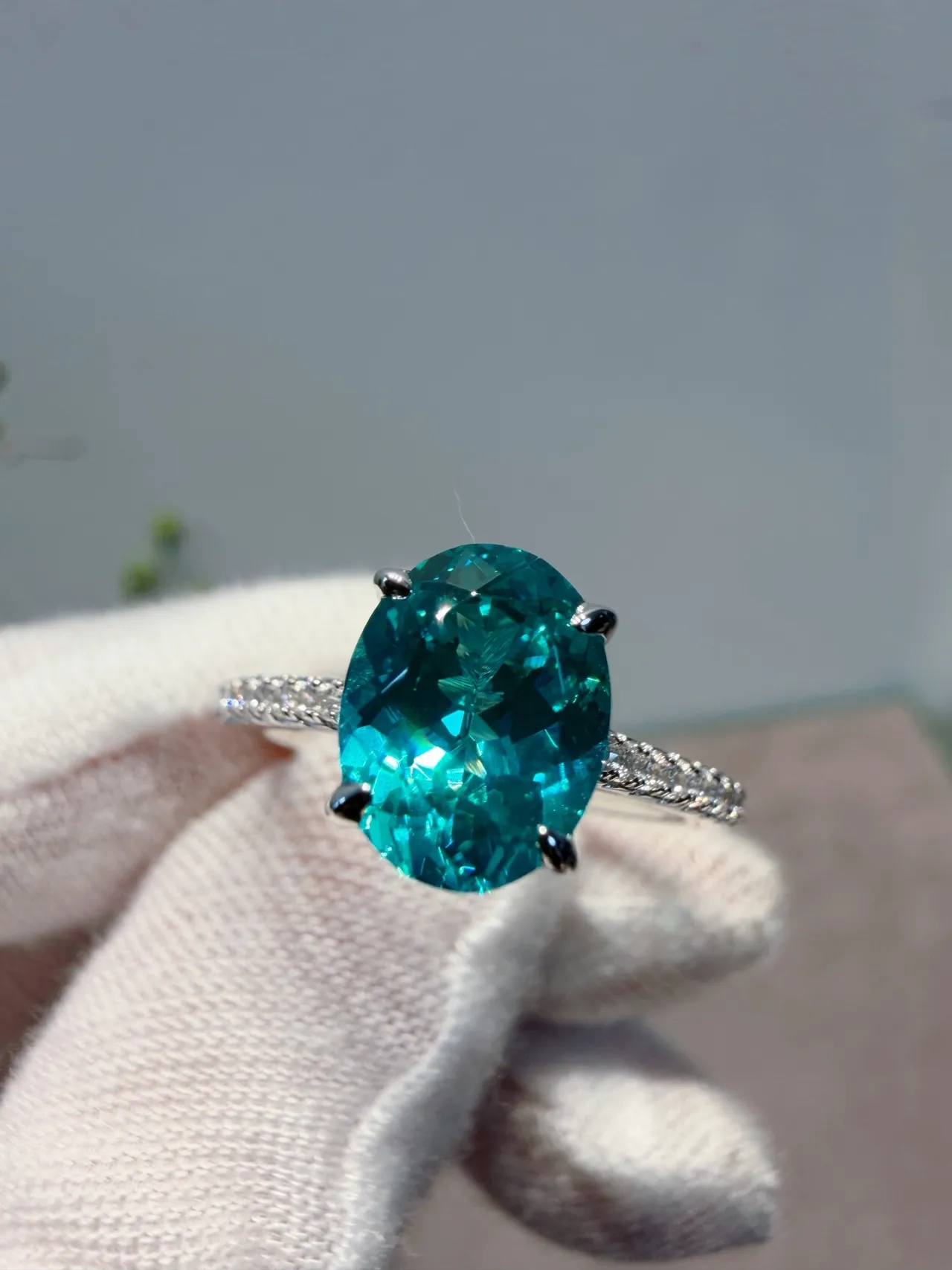 Oval Teal Gemstone Pavé Diamond Ring 7