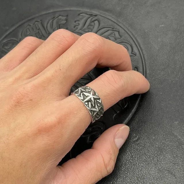 Oxidized Silver Star and Leaf Motif Wide Band Ring 2