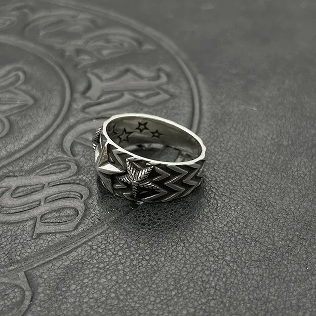 Oxidized Silver Star and Leaf Motif Wide Band Ring 5