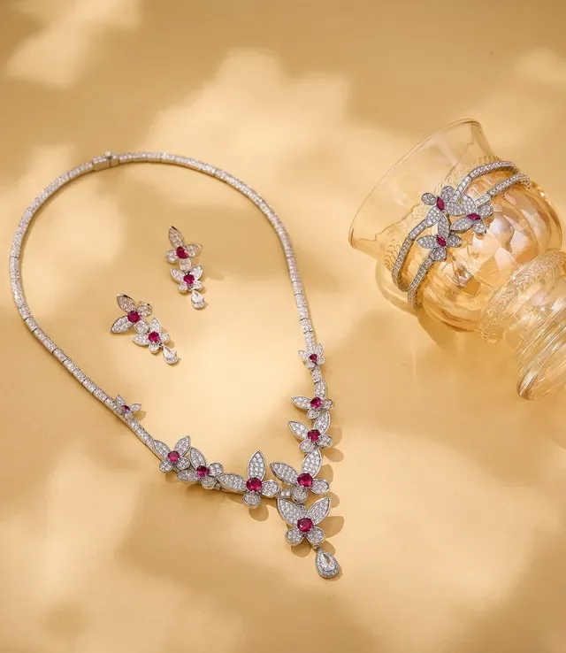 Pavé-Set Floral Motif V-Drop Necklace 2