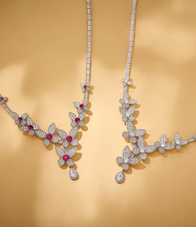 Pavé-Set Floral Motif V-Drop Necklace 3