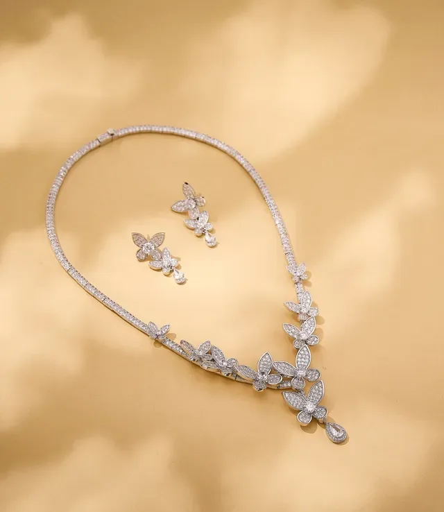 Pavé-Set Floral Motif V-Drop Necklace 4