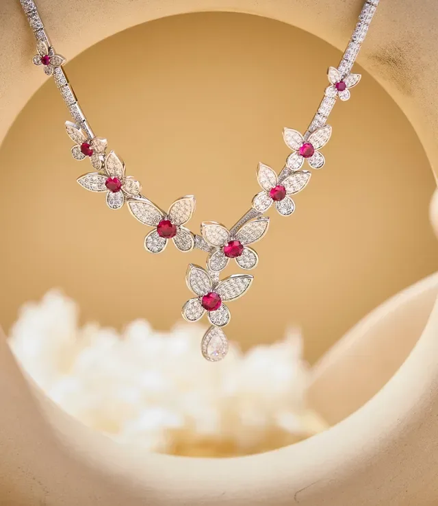 Pavé-Set Floral Motif V-Drop Necklace 5