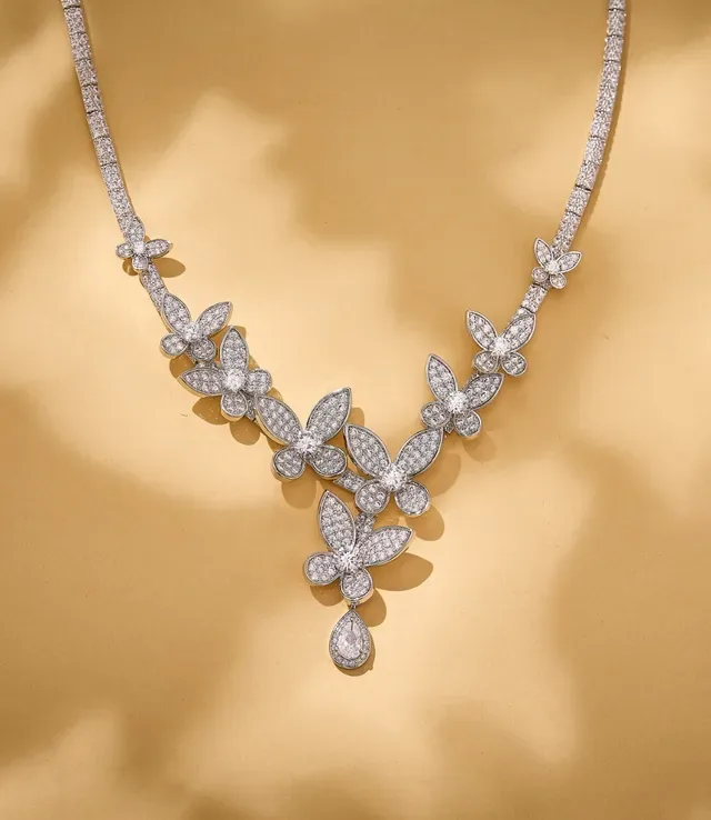 Pavé-Set Floral Motif V-Drop Necklace 6