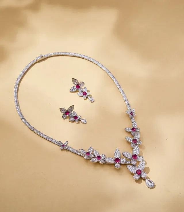 Pavé-Set Floral Motif V-Drop Necklace 7