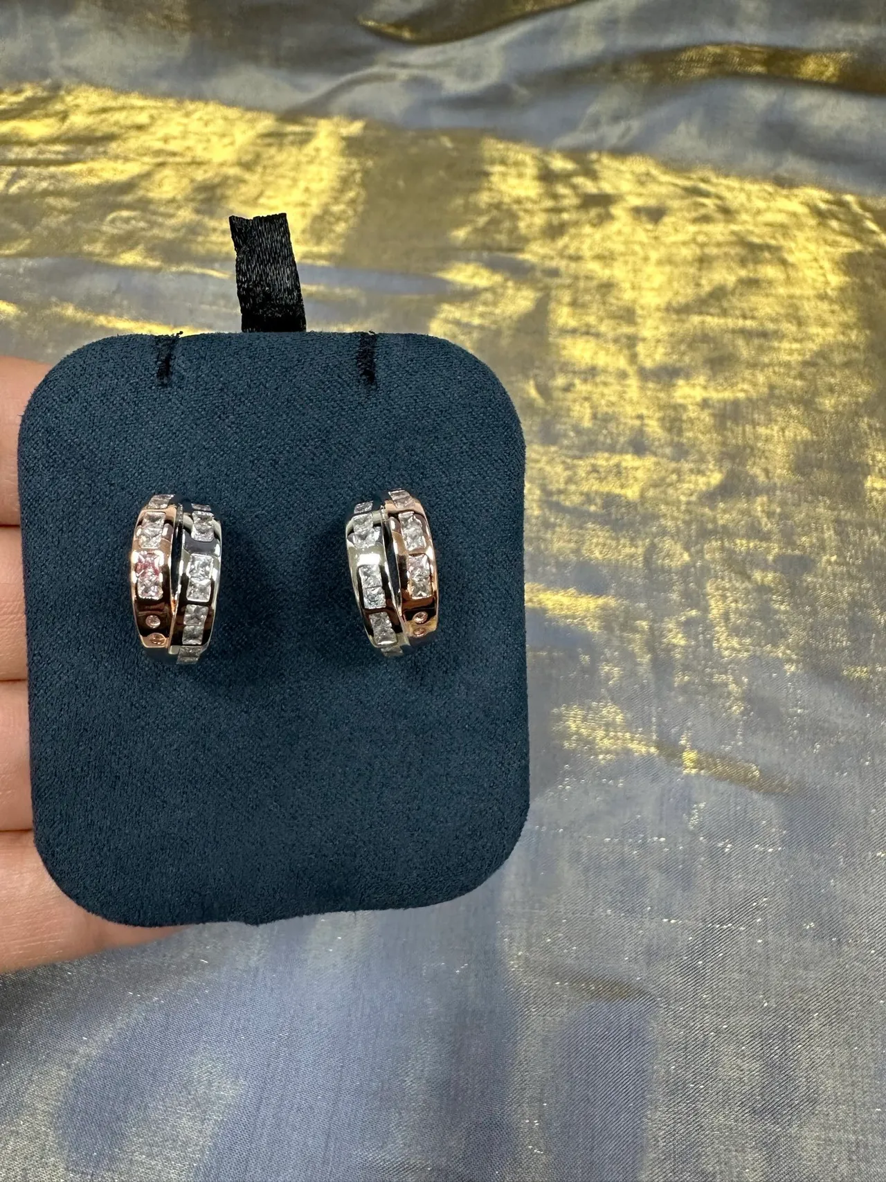 Pavé-Set Two-Tone Small Hoop Earrings 7