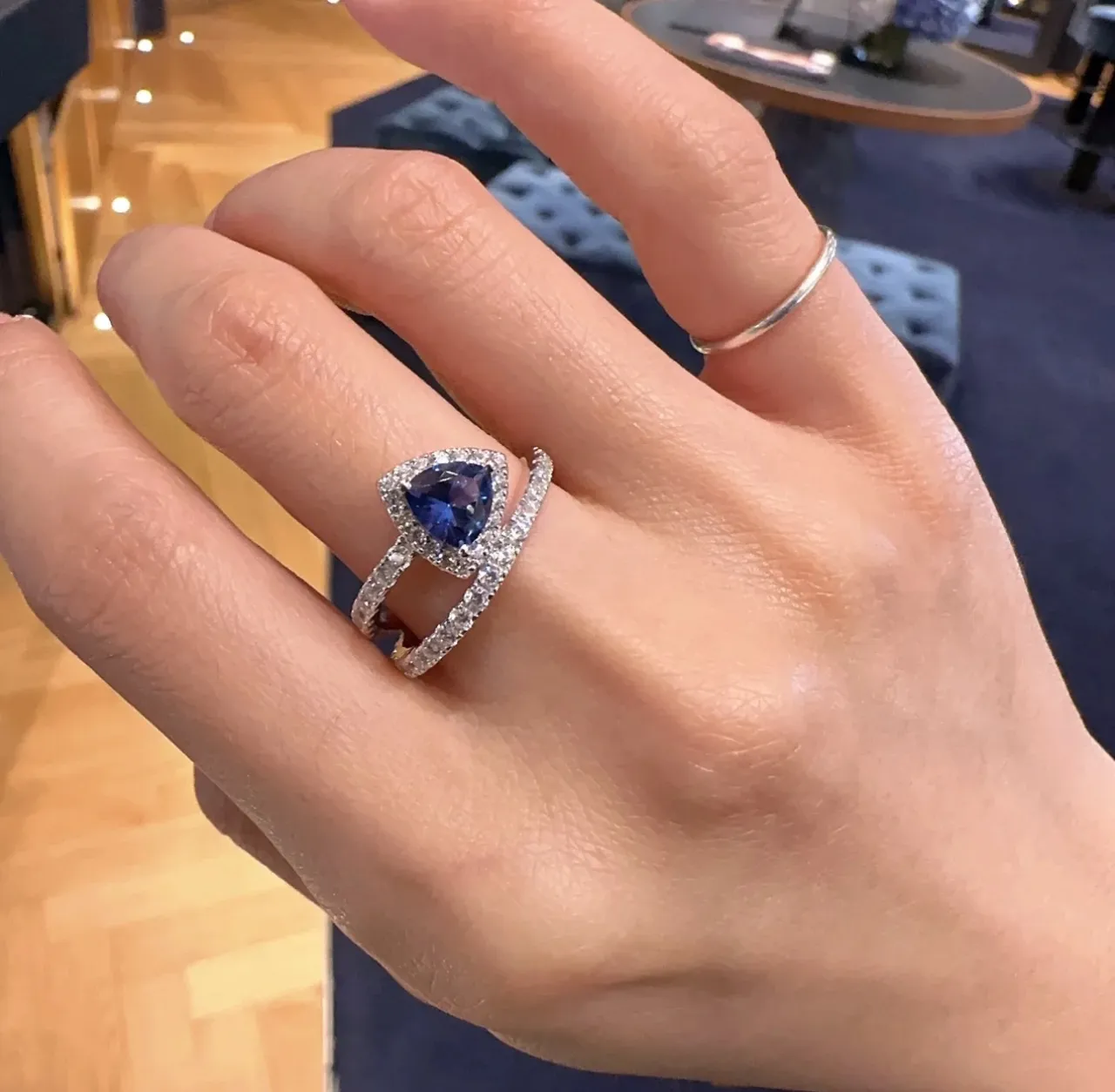 Pear-Cut Blue Gem Double-Band Pavé Diamond Ring 3