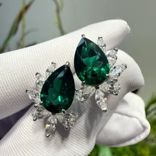 Pear-Cut Green Gemstone Floral Halo Earrings