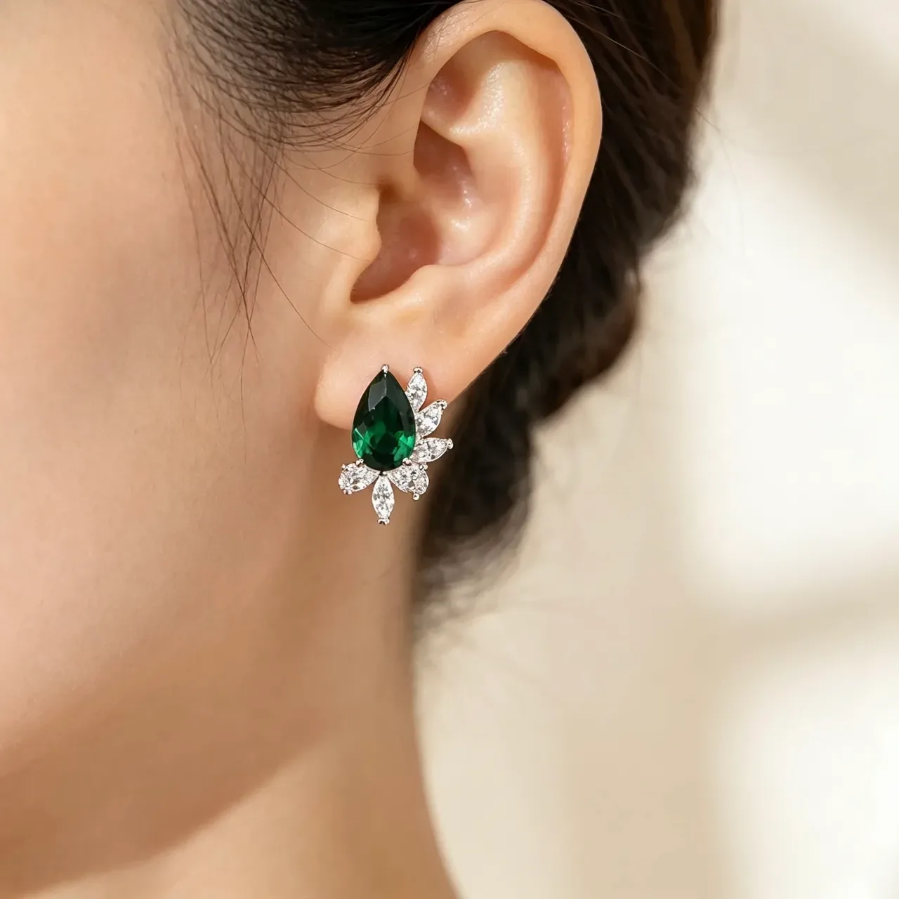 Pear-Cut Green Gemstone Floral Halo Earrings 2