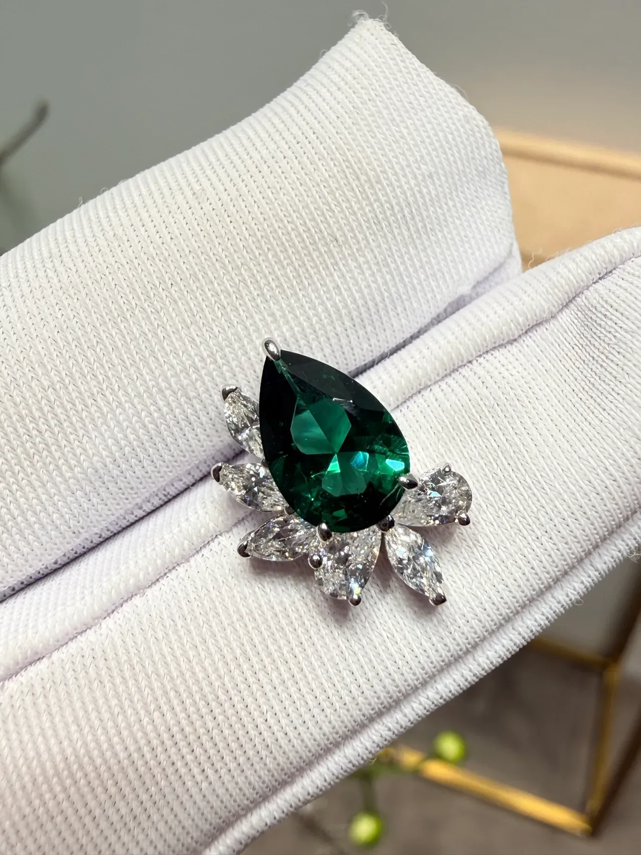 Pear-Cut Green Gemstone Floral Halo Earrings 4