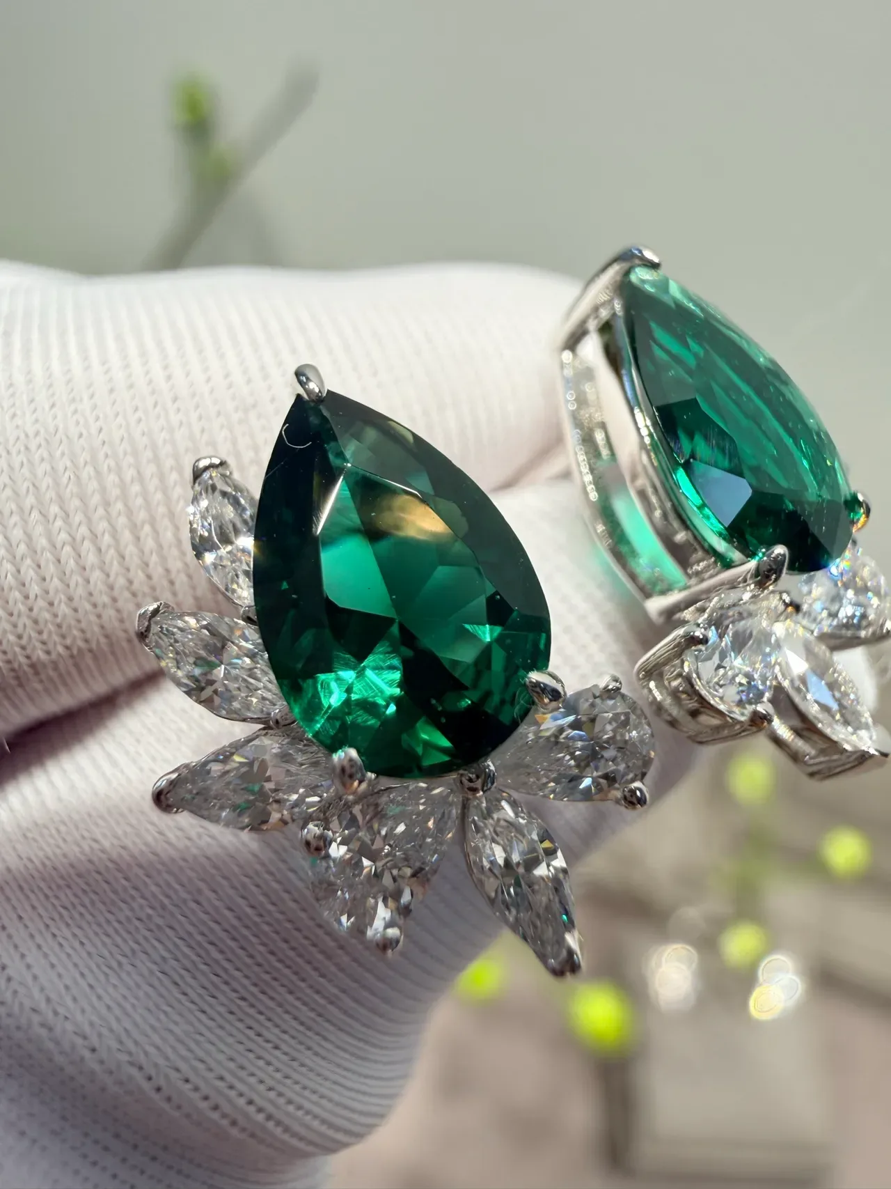 Pear-Cut Green Gemstone Floral Halo Earrings 7