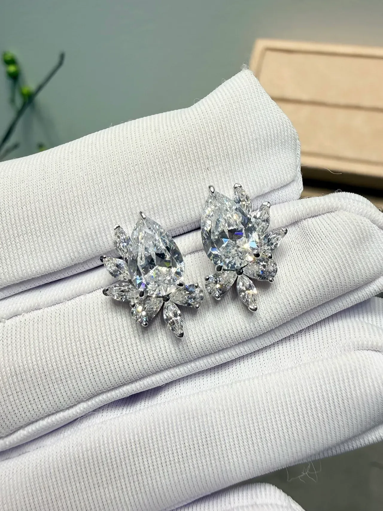 Pear-Cut Green Gemstone Floral Halo Earrings 8