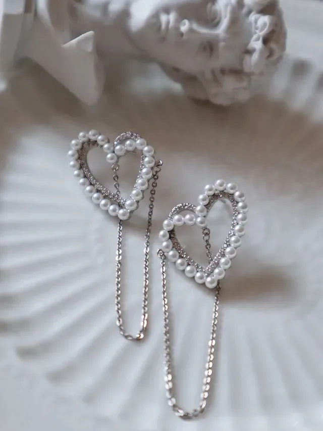 Pearl and Purple Crystal Heart Frame Dangling Earrings 4