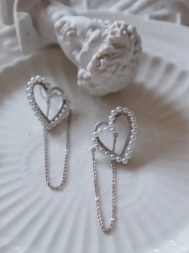 Pearl and Purple Crystal Heart Frame Dangling Earrings 6