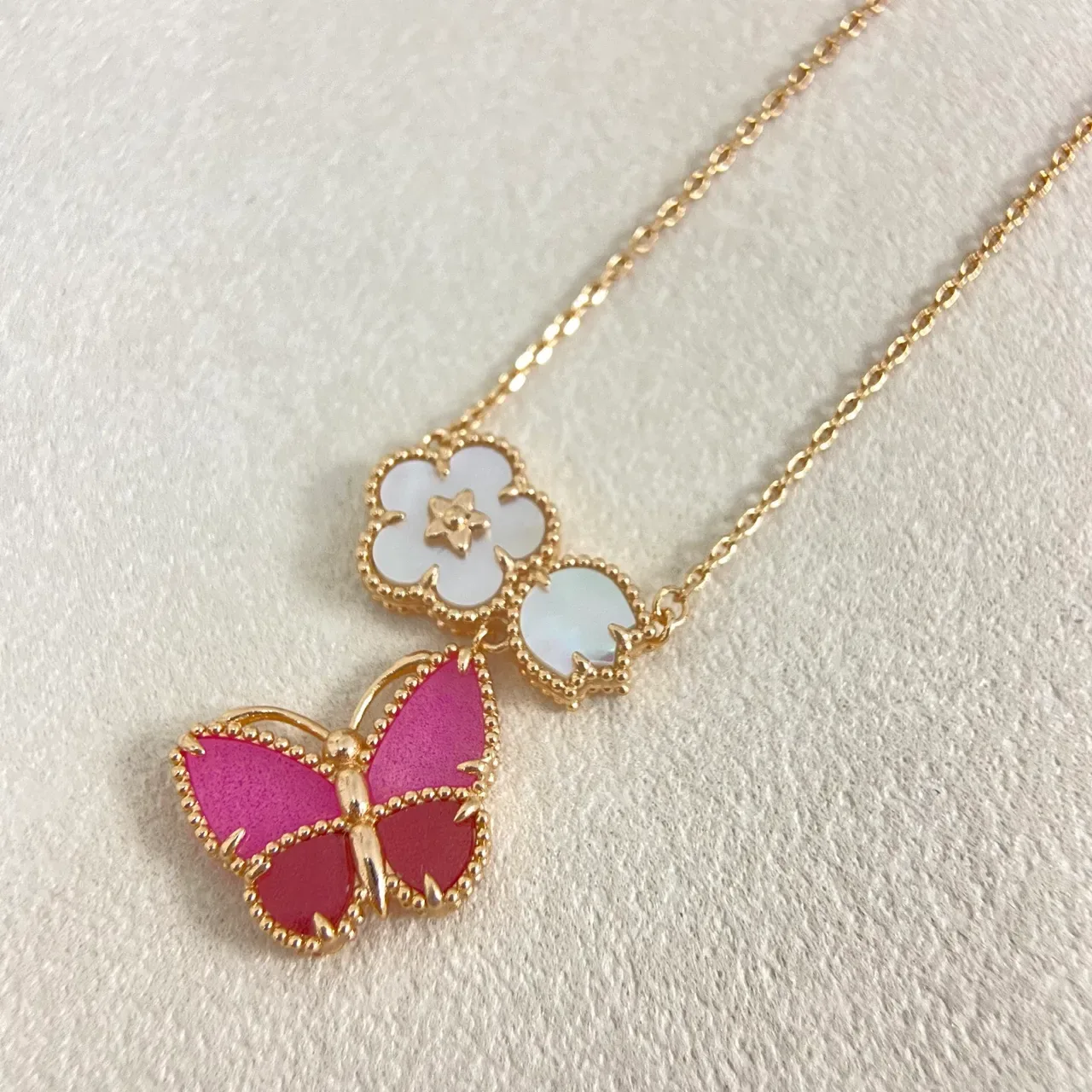 Pink Gold Beaded Bezel Enamel Butterfly Jewelry 3
