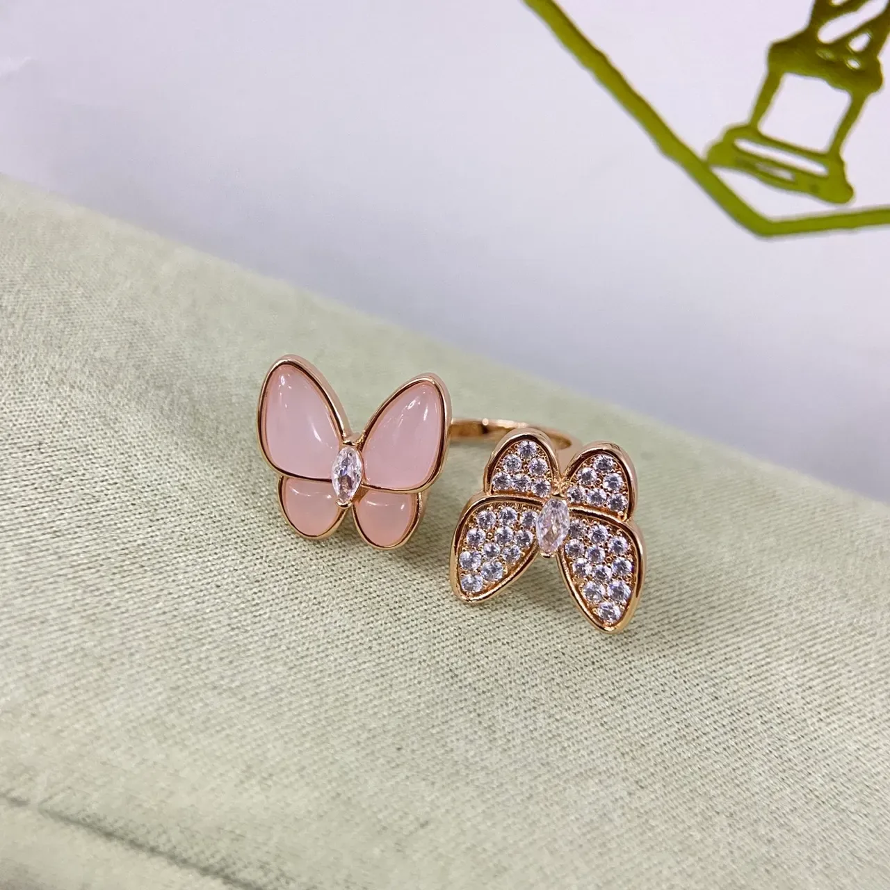 Pink Gold Butterfly Silhouette Pavé Crystal Wings Ring 2