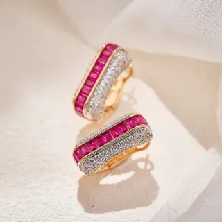 Pink Gold Channel-Set Baguette Rubies Pavé Diamond Borders Earrings
