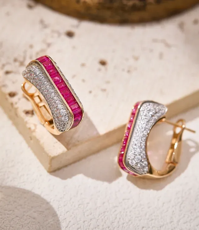 Pink Gold Channel-Set Baguette Rubies Pavé Diamond Borders Earrings 2