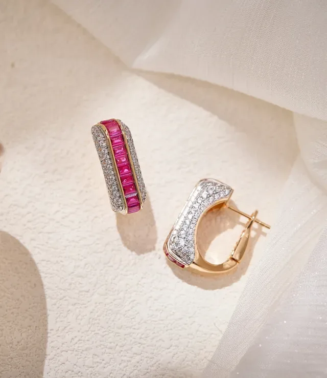 Pink Gold Channel-Set Baguette Rubies Pavé Diamond Borders Earrings 4