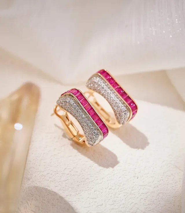 Pink Gold Channel-Set Baguette Rubies Pavé Diamond Borders Earrings 5