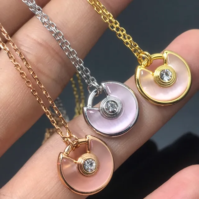 Pink Gold Crescent-Shaped Pendant Cat's-Eye Iridescent Stone Necklace 3