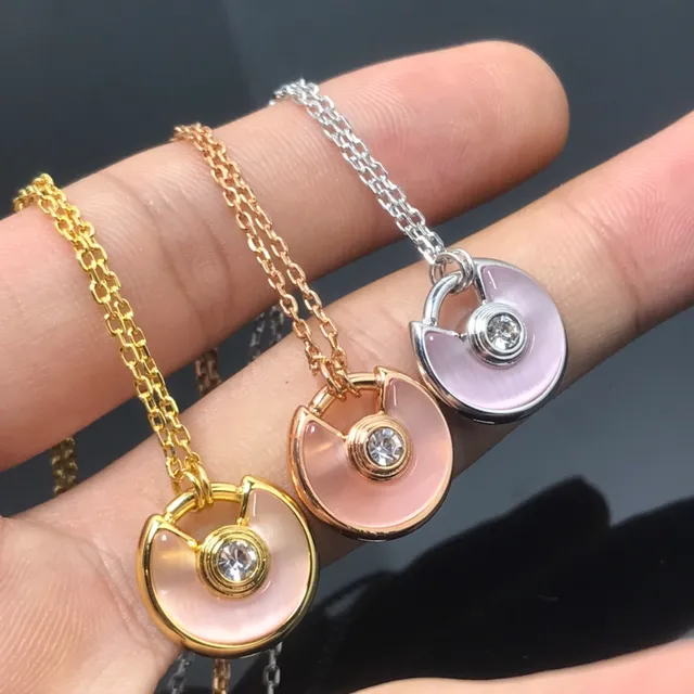 Pink Gold Crescent-Shaped Pendant Cat's-Eye Iridescent Stone Necklace 4