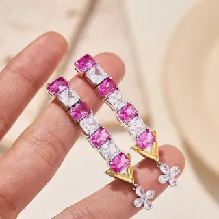 Brincos de ouro rosa com pedra de corte quadrado linha V-Terminal