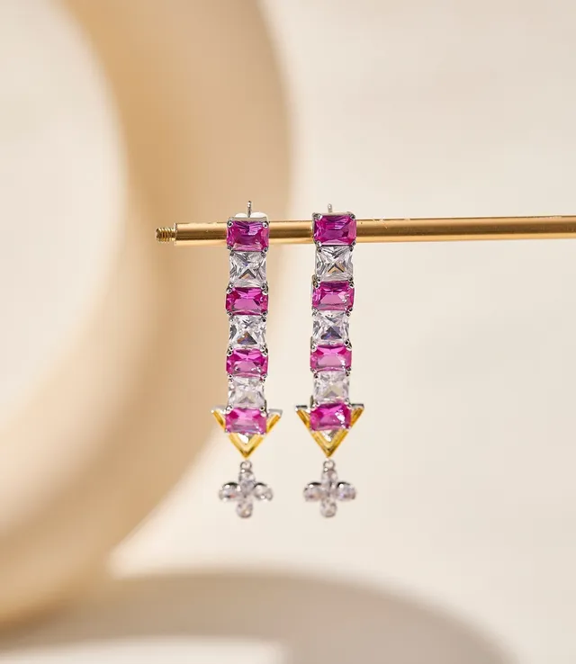 Pink Gold Square-Cut Stone Row V-Terminal Earrings 4