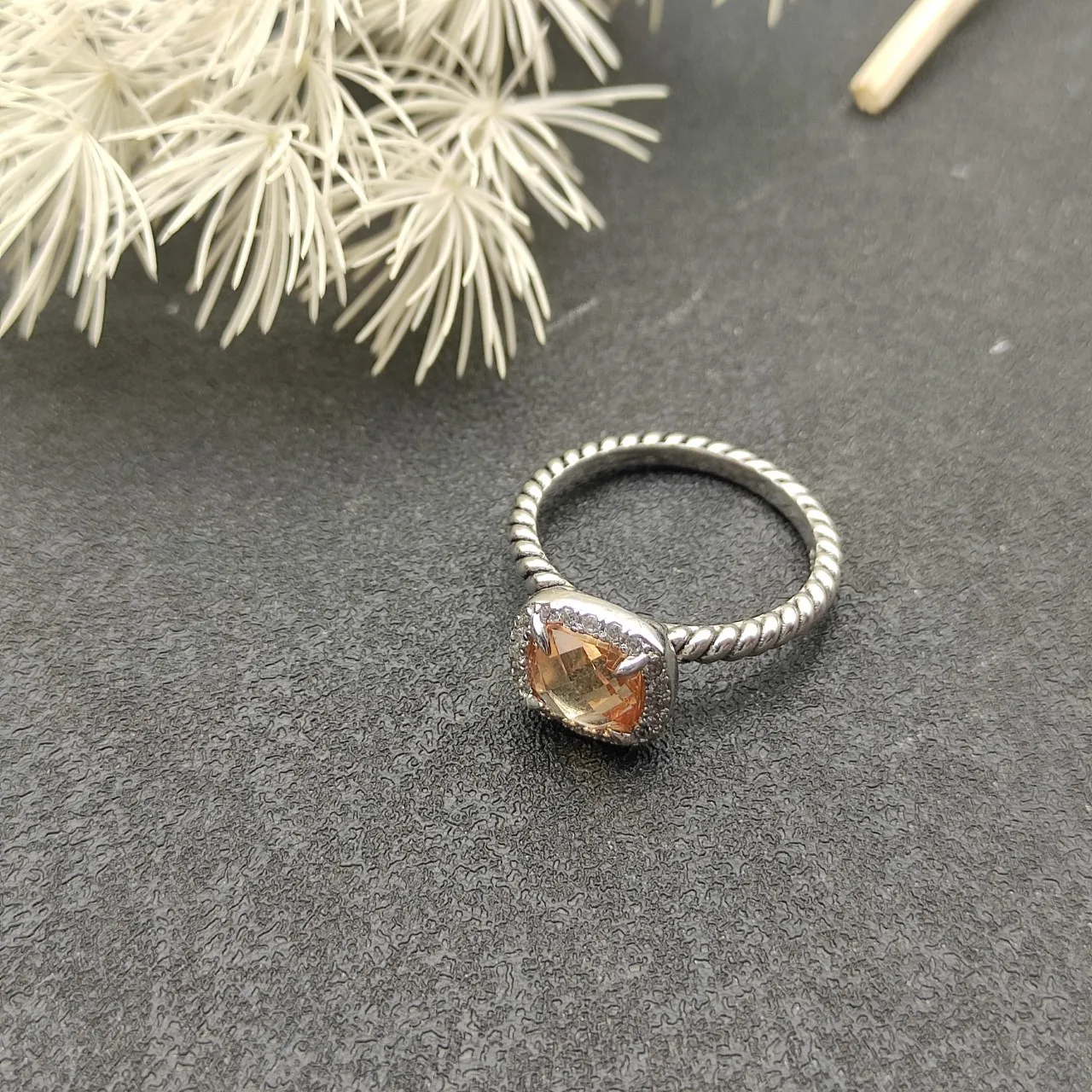 Pink Silver Cushion-Cut Center Stone Pave Halo Ring 9