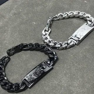 Pulseras de plata pulida y negra IP con eslabones curb link y placa ID grabada