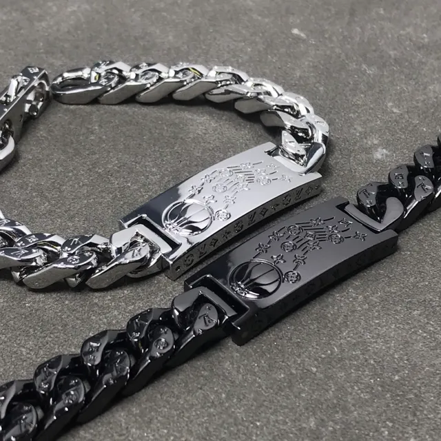 Polished Silver and Black IP Curb Link Engraved ID Plate Bracelets 2