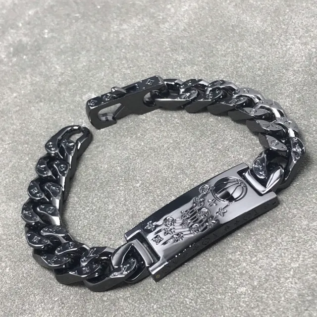 Polished Silver and Black IP Curb Link Engraved ID Plate Bracelets 3