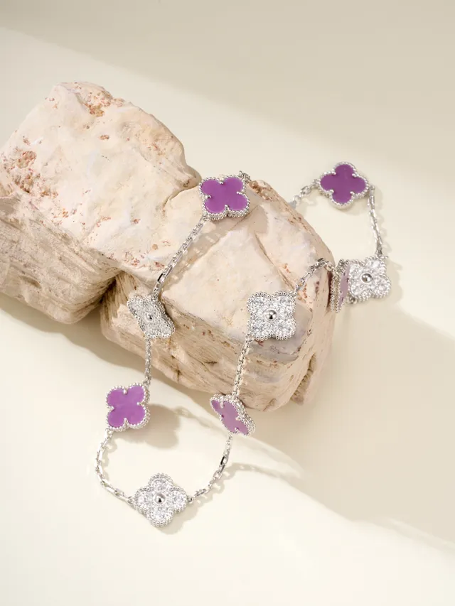 Purple and Pavé Clover Motif Chain Necklace 10