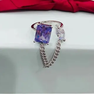 Purple Silver Asymmetrical Dual-Stone Chain-Connected Ring