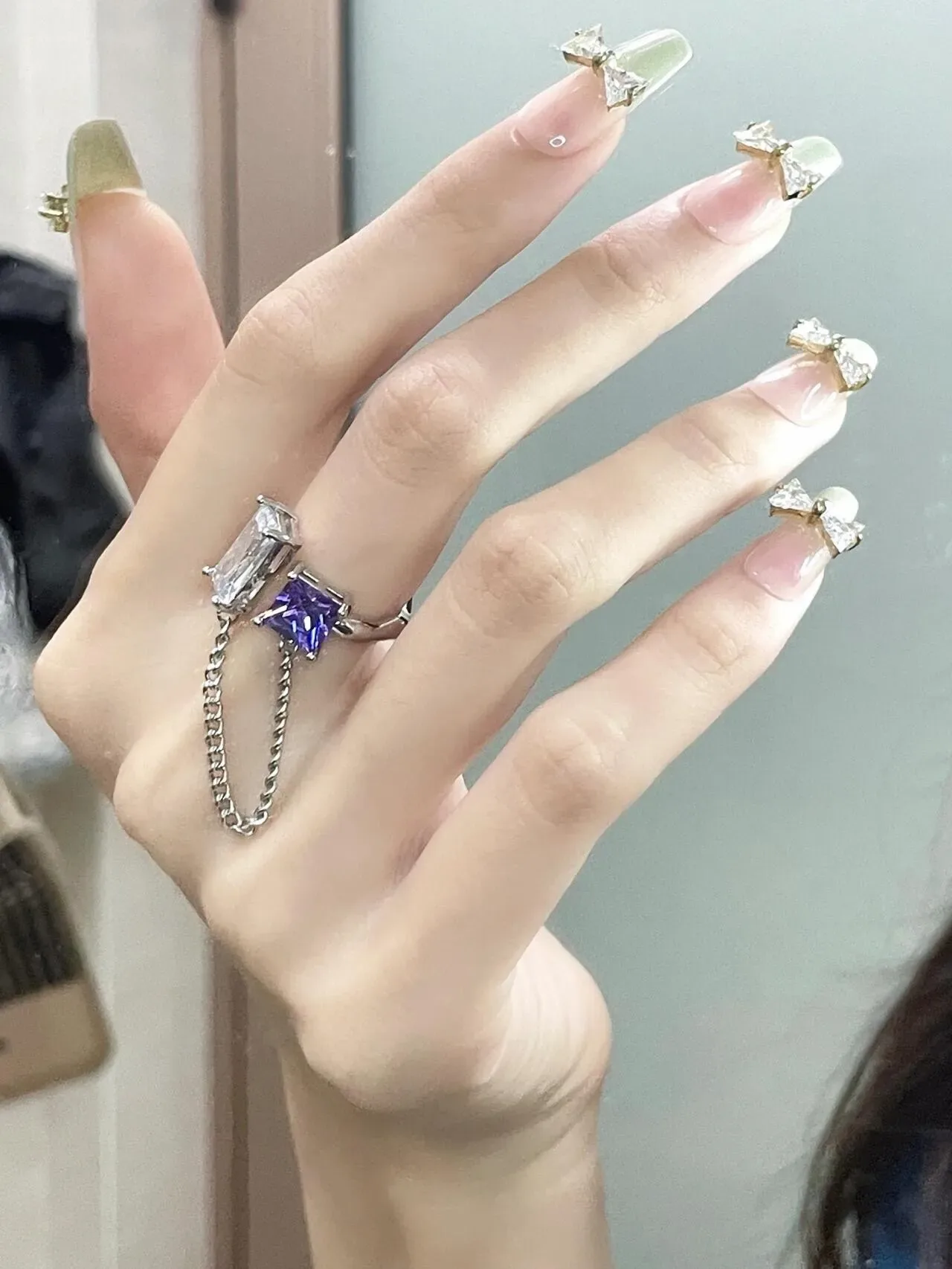 Purple Silver Asymmetrical Dual-Stone Chain-Connected Ring 2