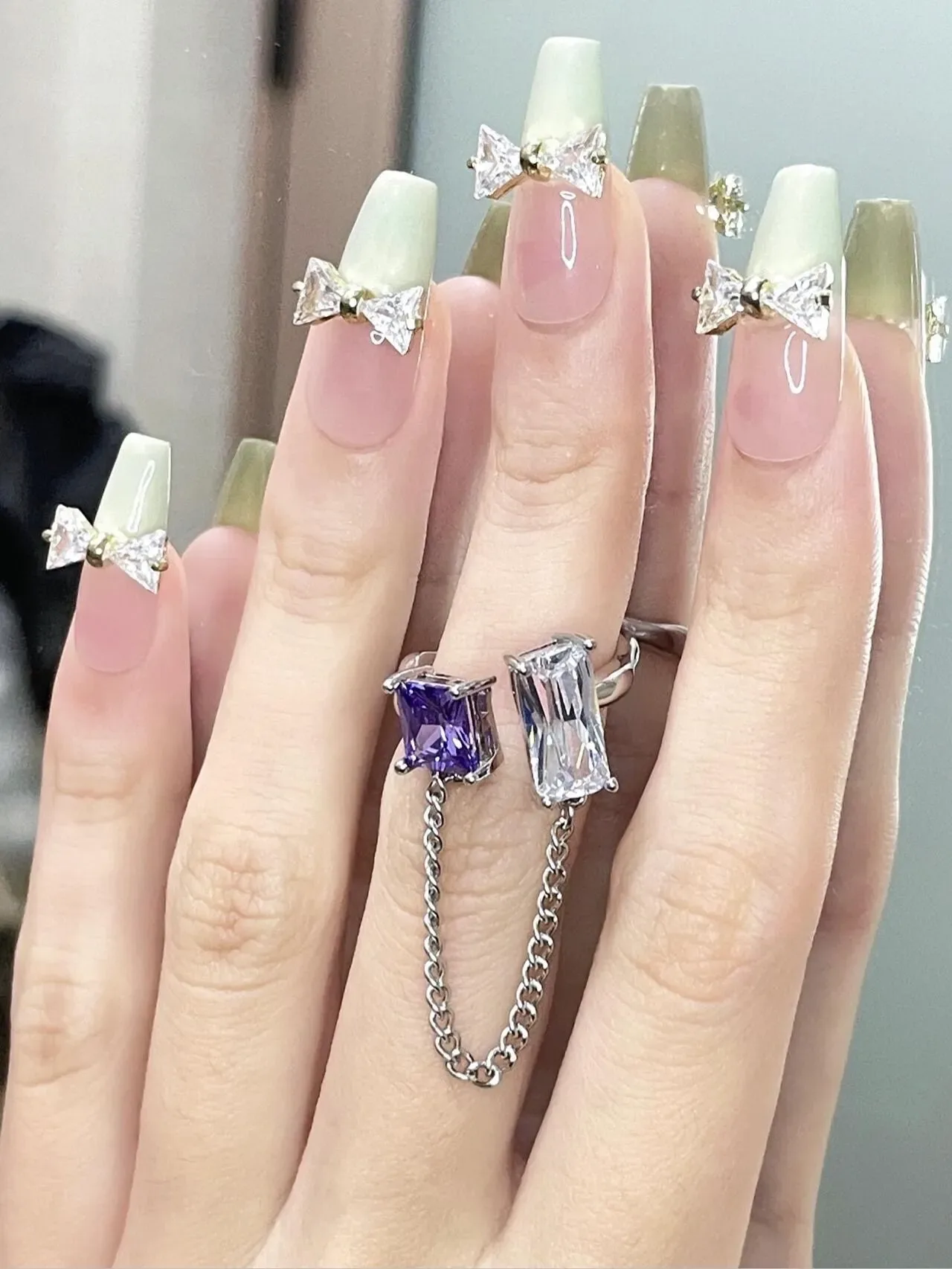 Purple Silver Asymmetrical Dual-Stone Chain-Connected Ring 3