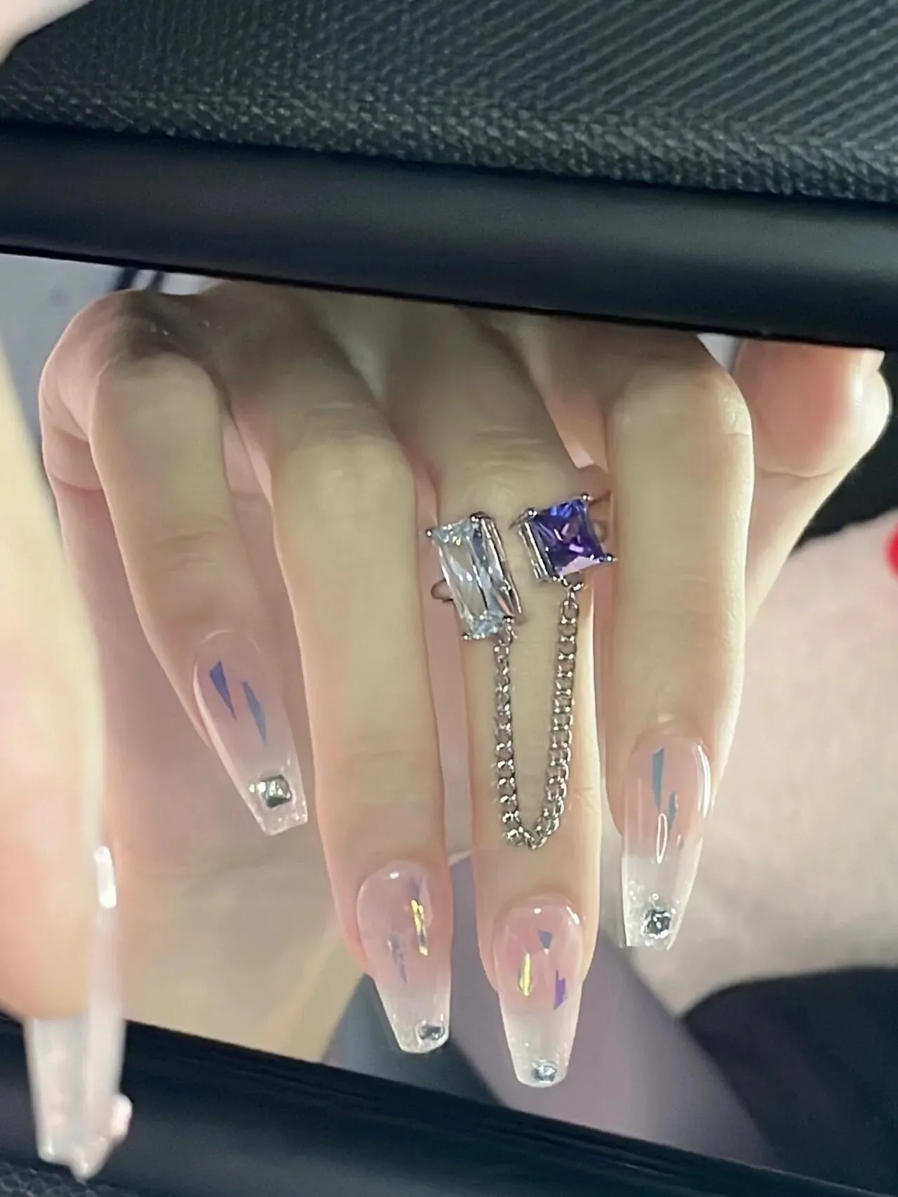 Purple Silver Asymmetrical Dual-Stone Chain-Connected Ring 5