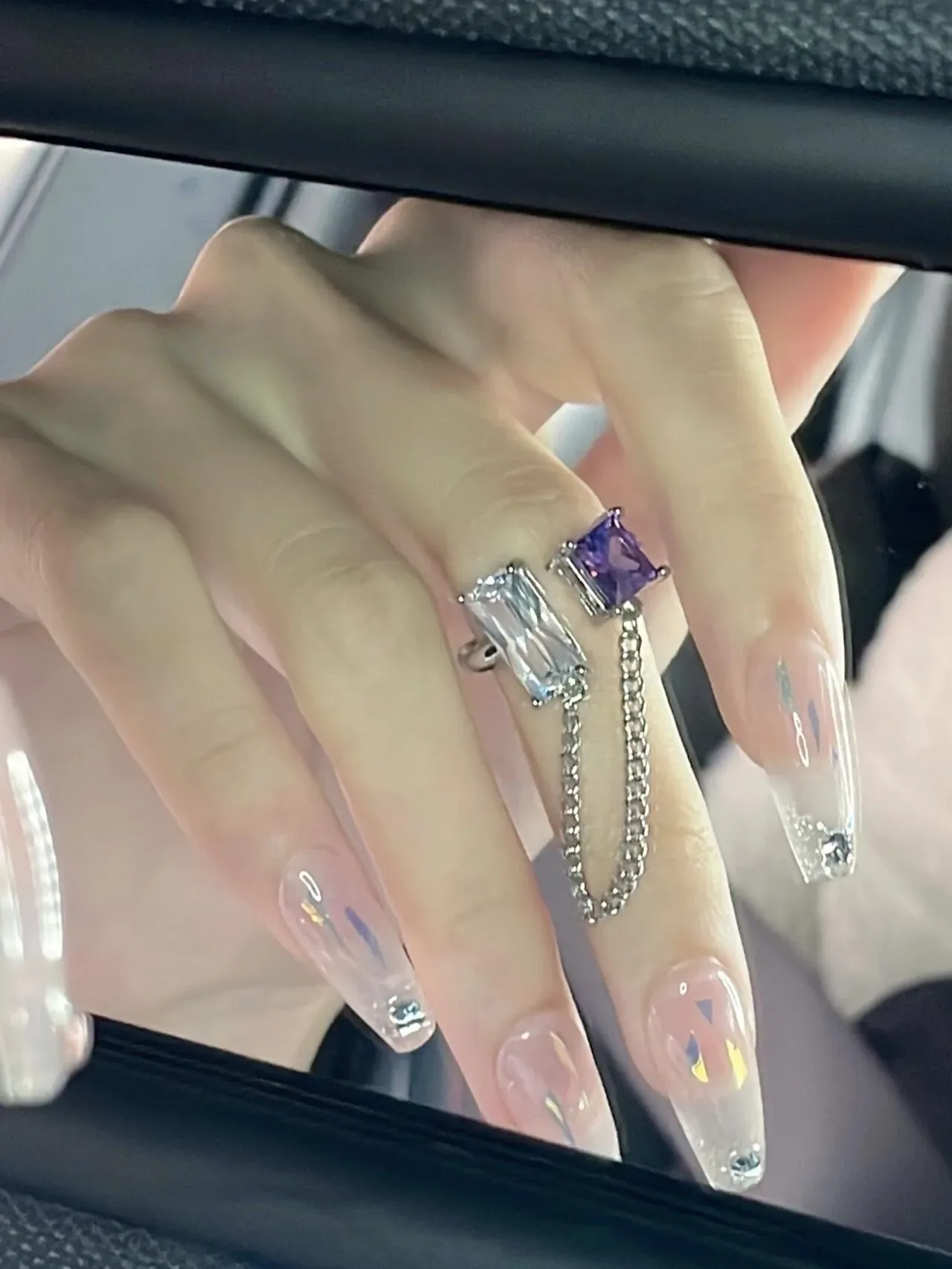 Purple Silver Asymmetrical Dual-Stone Chain-Connected Ring 6