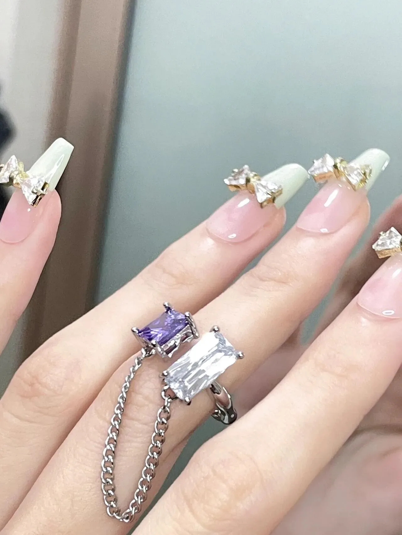 Purple Silver Asymmetrical Dual-Stone Chain-Connected Ring 7